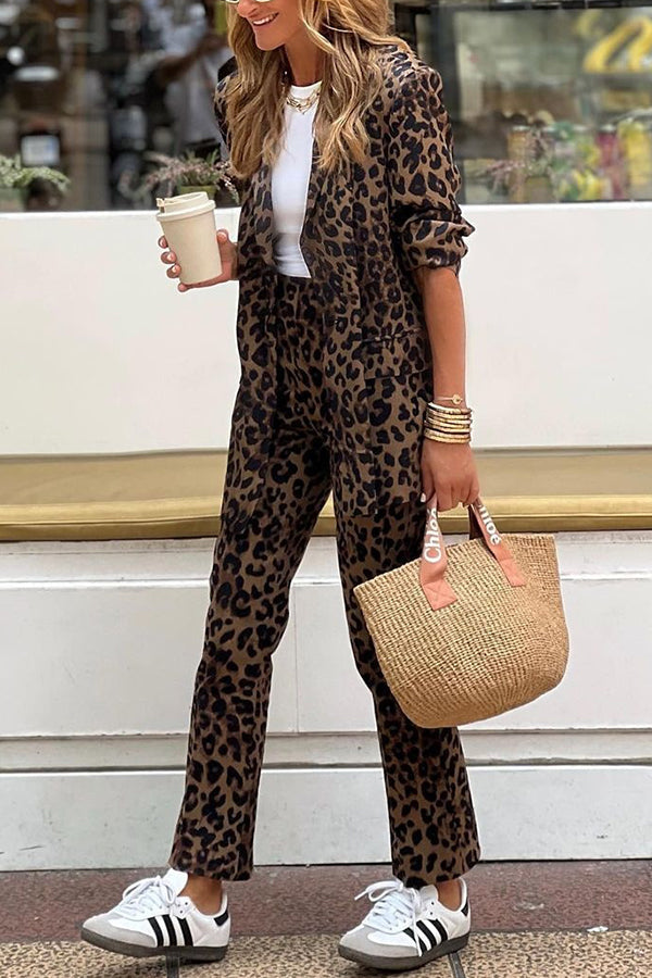 Faye - Leopard Blazer and Elastic Waist Pants Set