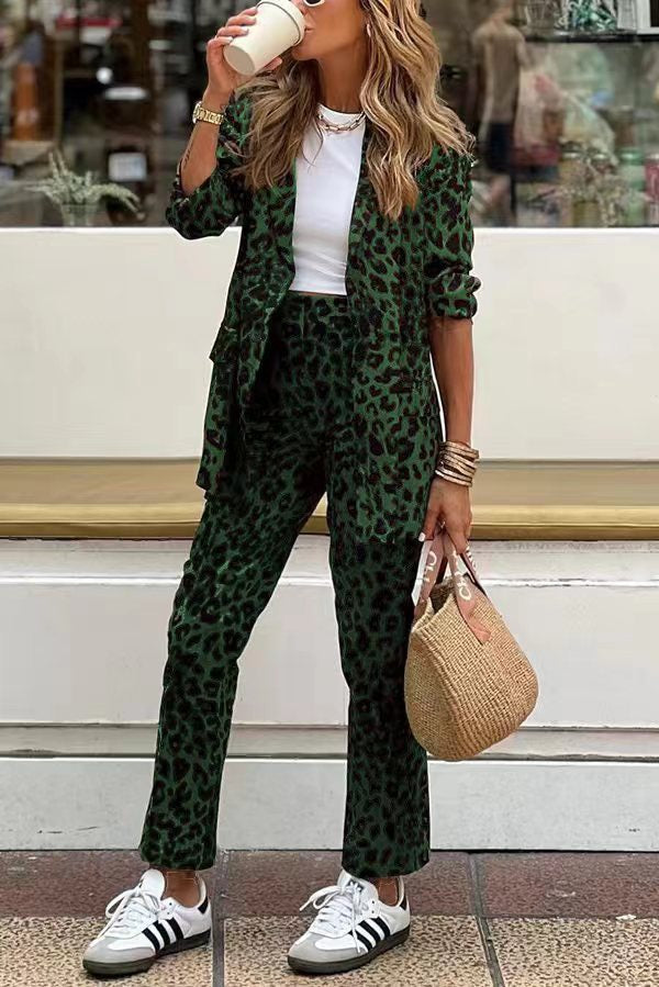 Faye - Leopard Blazer and Elastic Waist Pants Set